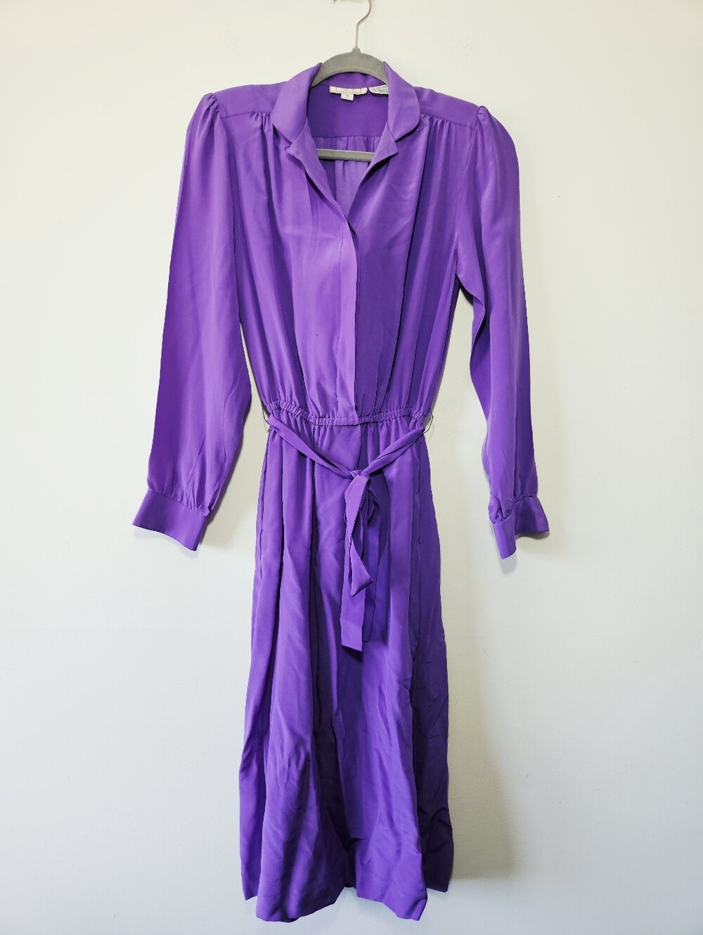 Vintage 80s 100% Silk Eaton Dress Size 7 (M) Purple Shoulder Pads Retro Midi - Picture 2 of 5